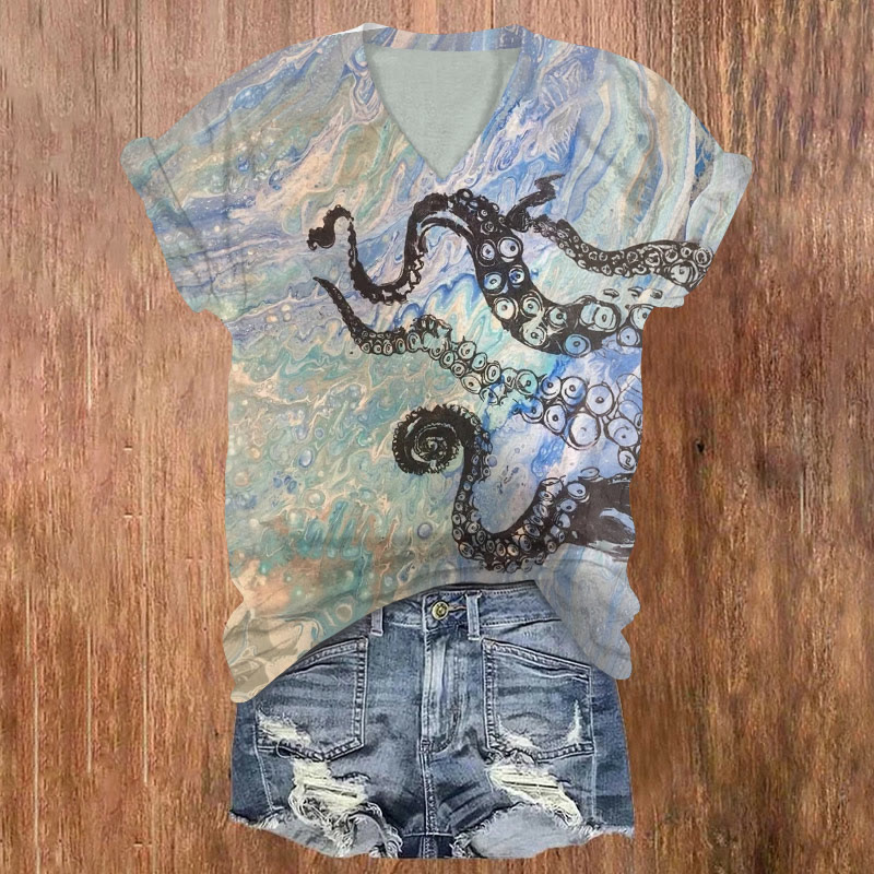 Watercolor Octopus Tentacles Print V-neck T-shirt - Blue - US32-34(5XL) - image 1