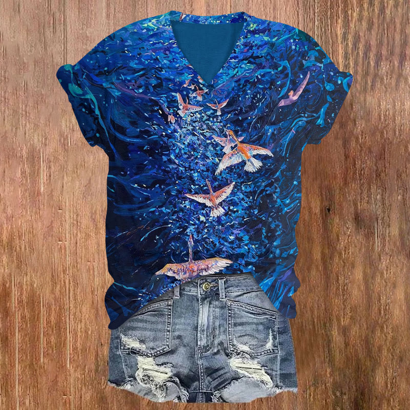 Oil Painting Flying Bird Print V-neck T-shirt - Blue - US32-34(5XL) - image 1