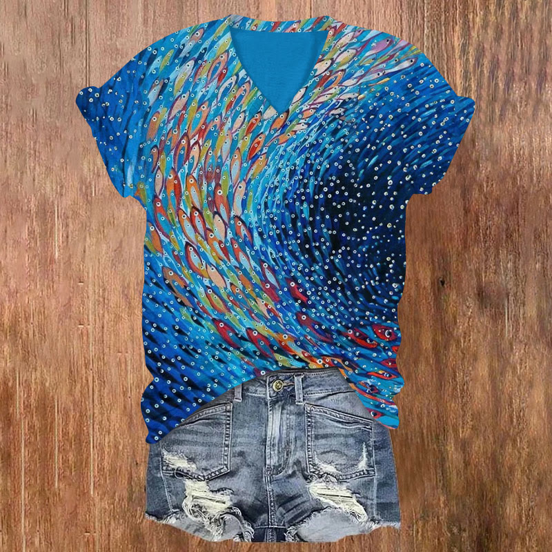 Swirling Fish Print V-neck T-shirt - Blue - US32-34(5XL) - image 1
