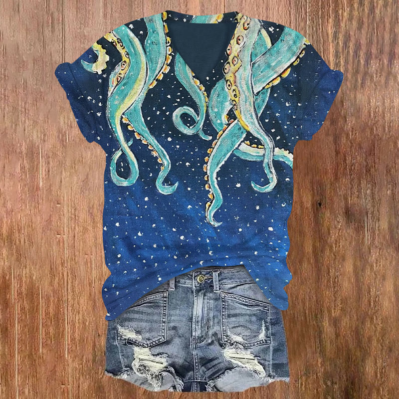 Starry Octopus Tentacles Print V-neck T-shirt - Blue - US32-34(5XL) - image 1