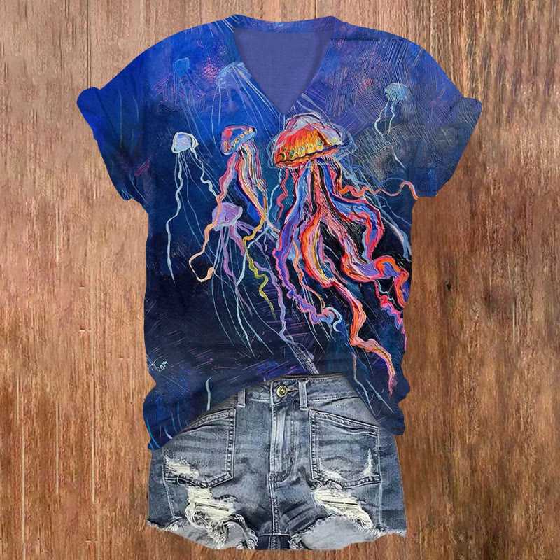 Oil Painting Jellyfish Contrast Color Print V-neck T-shirt - Blue - US32-34(5XL) - image 1