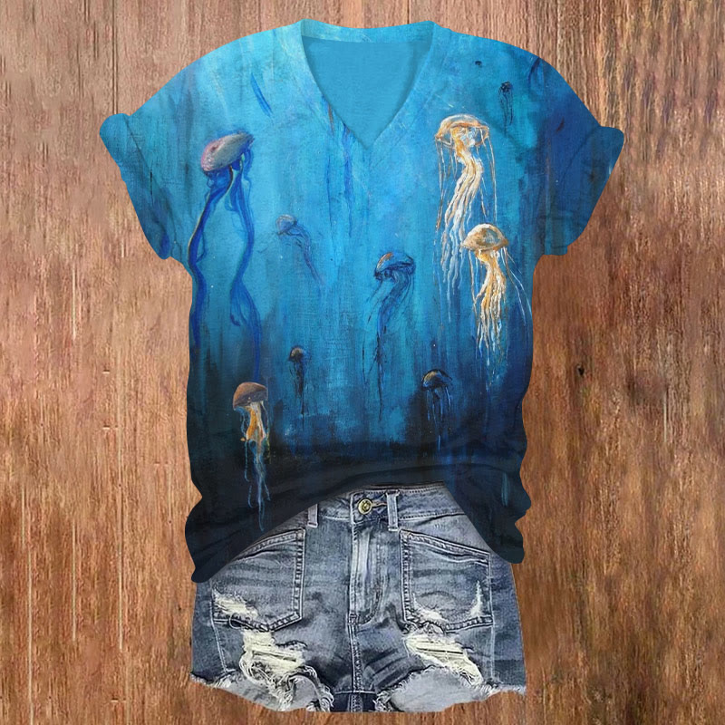 Ombre Contrast Jellyfish Print V-neck T-shirt - Blue - US32-34(5XL) - image 1