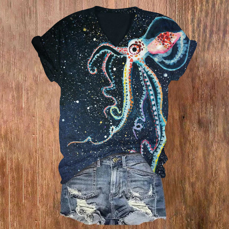 Starry Octopus Print V-neck T-shirt - Red - US32-34(5XL) - image 1