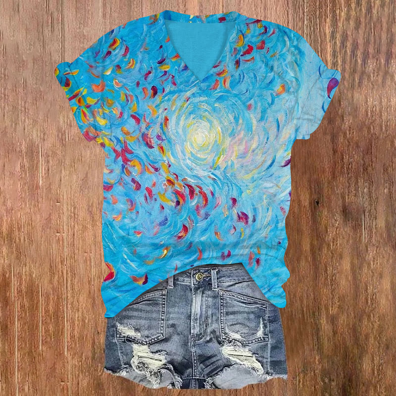 Oil Painting Rotating Feather Print V-neck T-shirt - Blue - US32-34(5XL) - image 1