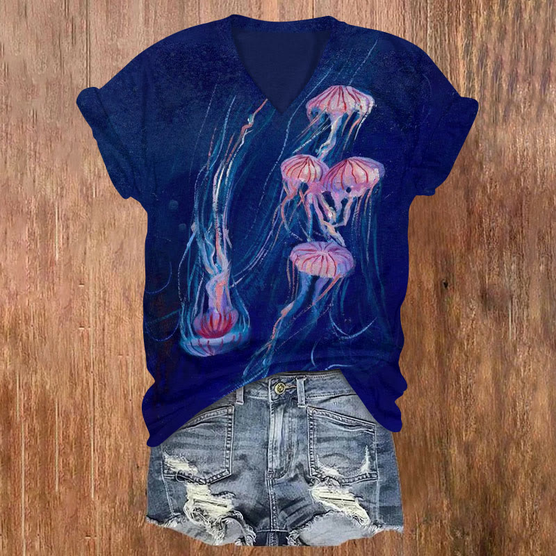 Oil Painting Deep Sea Jellyfish Print V-neck T-shirt - Pink - US32-34(5XL) - image 1