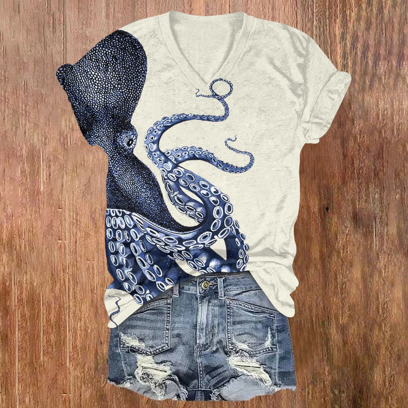 100% Cotton Japanese Art Octopus Graphic Print V-neck T-shirt - Beige - 5XL - image 1