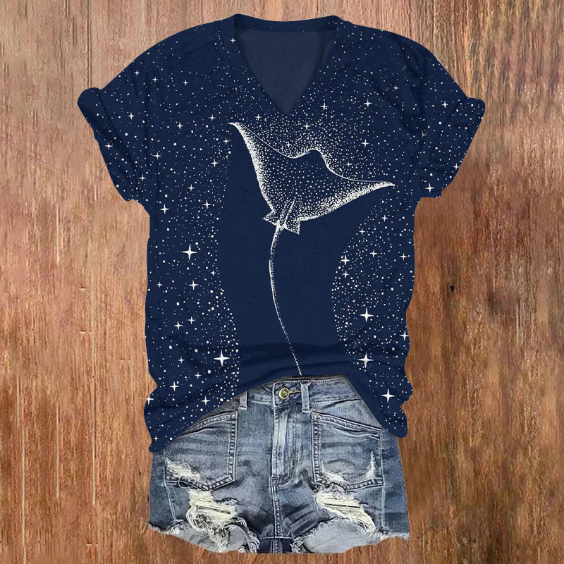 100% Cotton Starry Spotted Eagle Rays Print V-neck T-shirt - Blue - 5XL - image 1