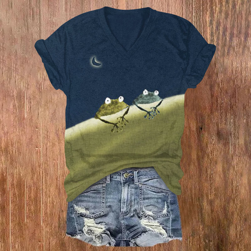 100% Cotton Frog Color Block Print V-neck T-shirt - Blue - 5XL - image 1