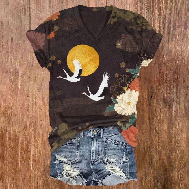 Vintage Japanese Peony Crane Print V-neck T-shirt - Brown - 5XL - image 1