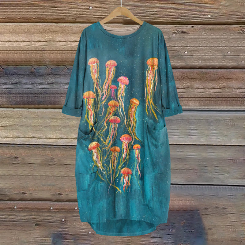 Starry Sky Jellyfish Oil Painting Print Crew Neck Dress - Lake Blue - 8XL - image 1