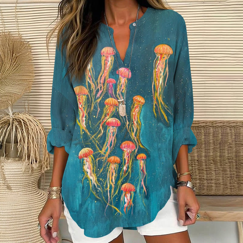 Starry Sky Jellyfish Oil Painting Print V Neck Long Sleeve Blouse - Lake Blue - 8XL - image 1