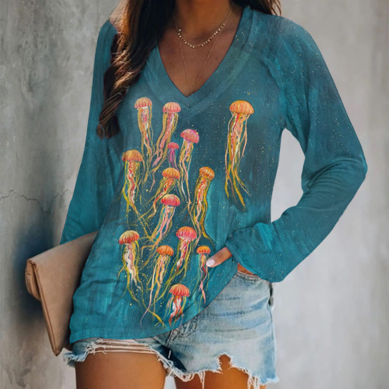 Starry Sky Jellyfish Oil Painting Print V-neck Long Sleeve T-shirt - Lake Blue - 5XL - image 1