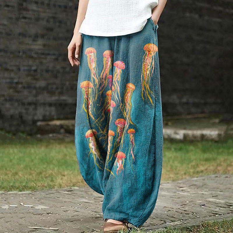 Starry Sky Jellyfish Oil Painting Print Casual Pants - Lake Blue - US18(5XL) - image 1
