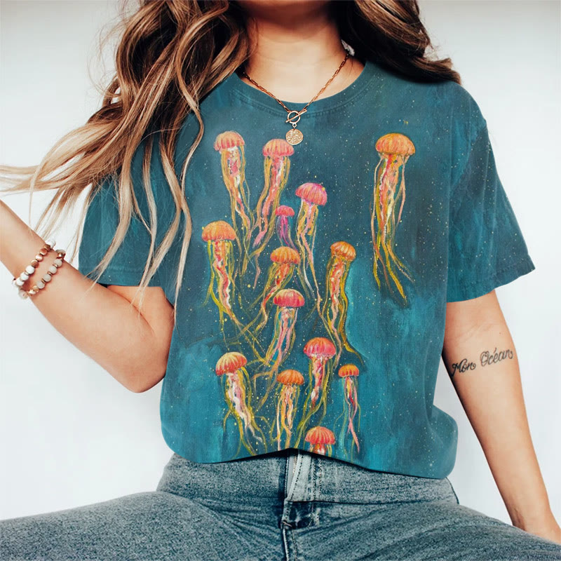 100% Cotton Starry Sky Jellyfish Oil Painting Print Round Neck T-shirt - Lake Blue - 5XL - image 1