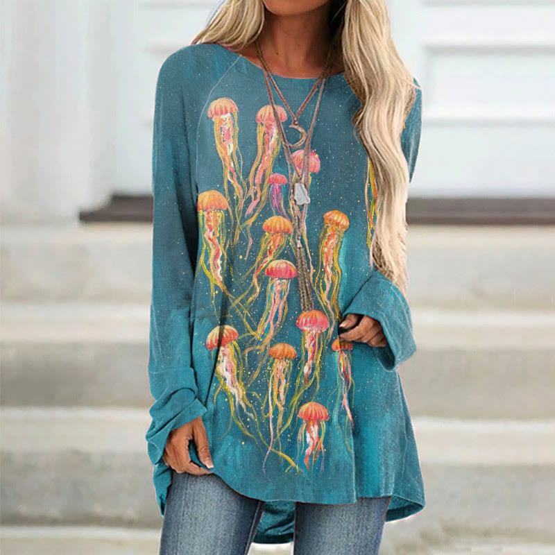 Starry Sky Jellyfish Oil Painting Print Tunic - Lake Blue - 8XL - image 1