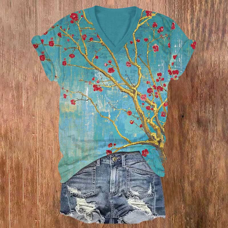 Ombre Vintage Plum Blossom Art Print V-neck T-shirt - Blue - US32-34(5XL) - image 1