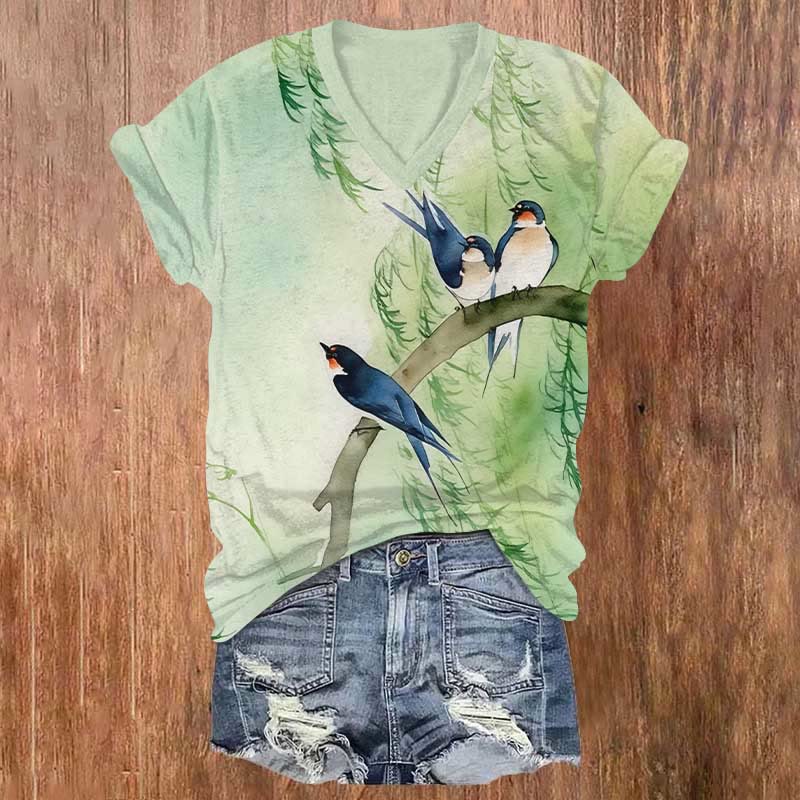 Lovely Swallow & Willow Art Print V-neck T-shirt - Green - US32-34(5XL) - image 1
