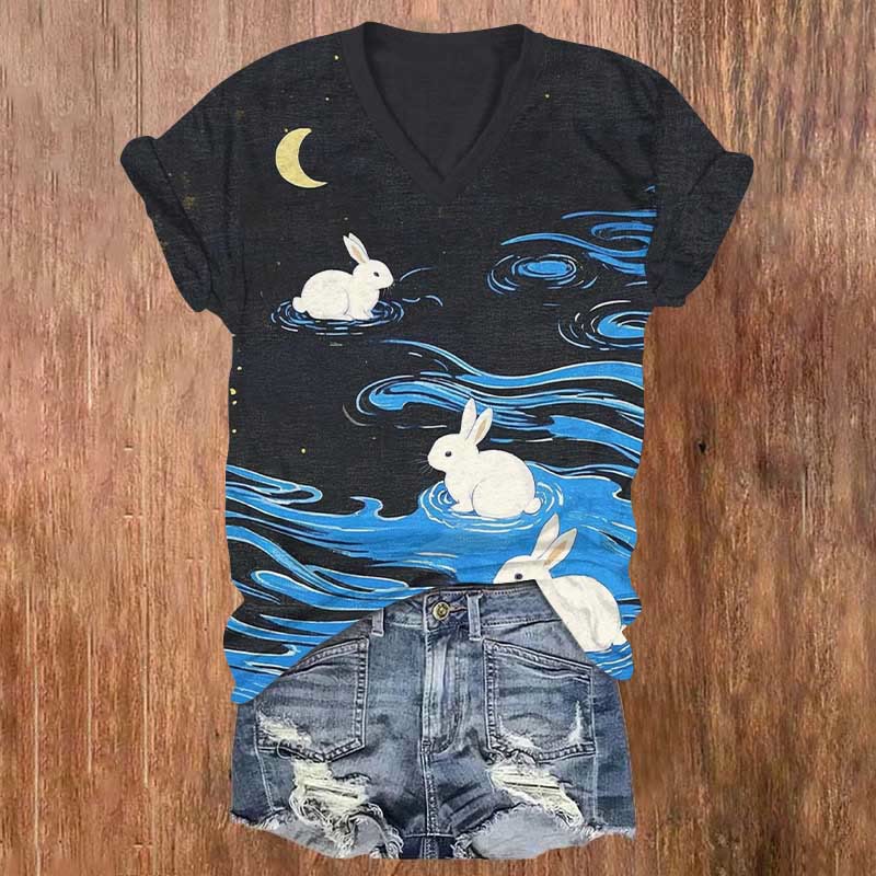 Moonlight & Rabbit In The Darkness Lake Art Print V-neck T-shirt - Black - US32-34(5XL) - image 1