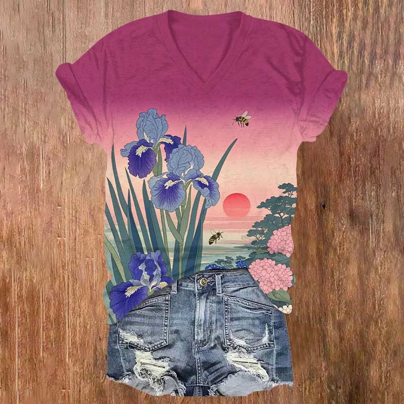 Vintage Sunset & Flowers Bee Print V-neck T-shirt - Purple - US32-34(5XL) - image 1