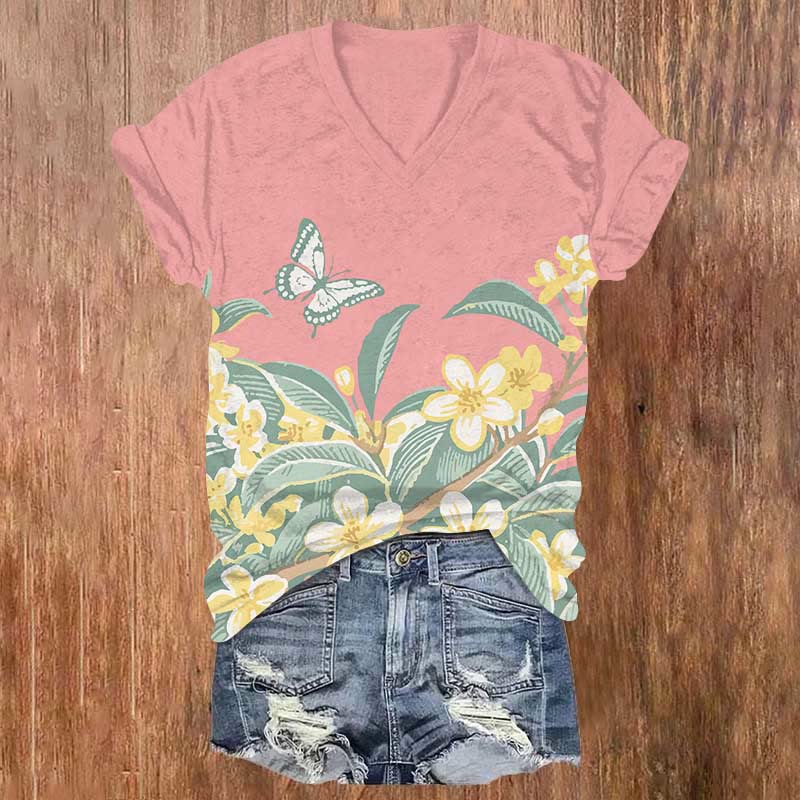 Lovely Cartoon Floral & Butterfly Art Print V-neck T-shirt - Pink - US32-34(5XL) - image 1