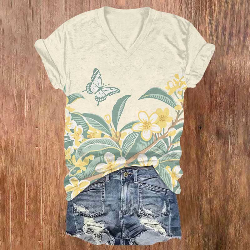Lovely Cartoon Floral & Butterfly Art Print V-neck T-shirt - Beige - US32-34(5XL) - image 2