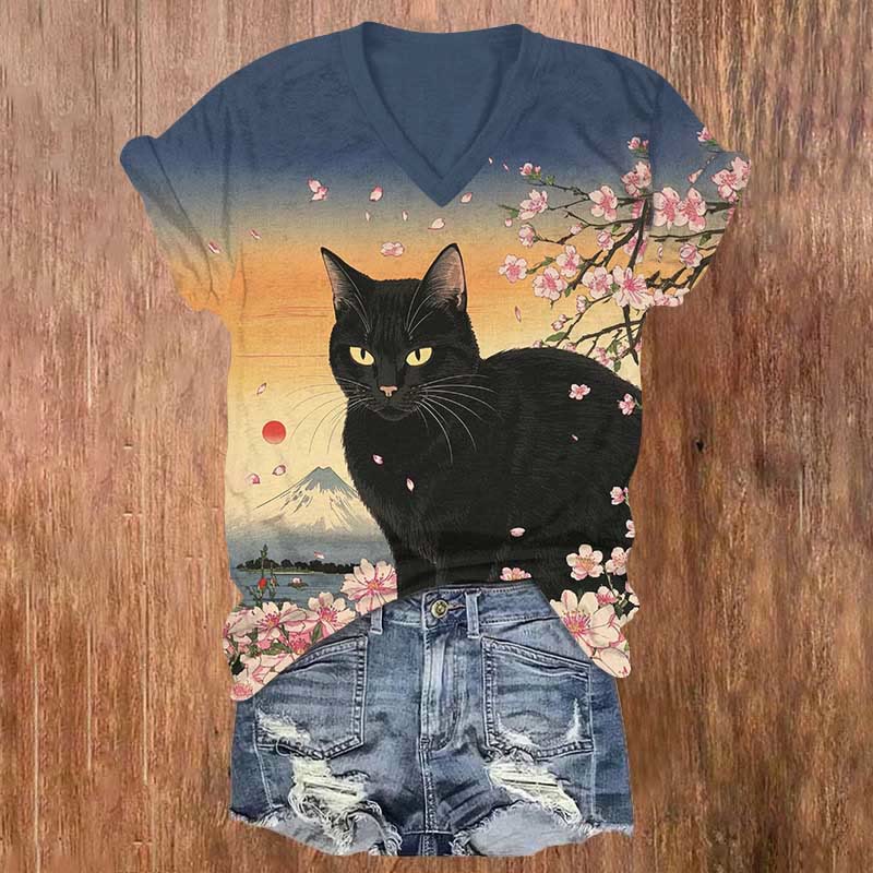 Vintage Japanese Sakura & Black Cat Art Print V-neck T-shirt - Multicolor - US32-34(5XL) - image 1