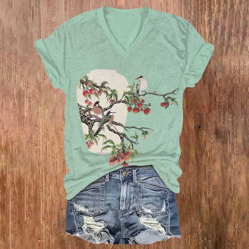 Vintage Birds On Fruit Tree Art Print V-neck T-shirt - Green - US32-34(5XL) - image 1