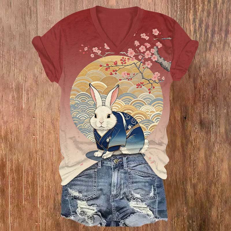 Japanese Wave Moon & Kimono Rabbit Art Print V-neck T-shirt - Red - US32-34(5XL) - image 1