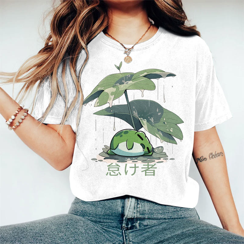 100% Cotton Women's Frog Hiding Rain From Lotus Leaf Umbrella  Art Print Casual T-shirt - White - 2XL - image 1