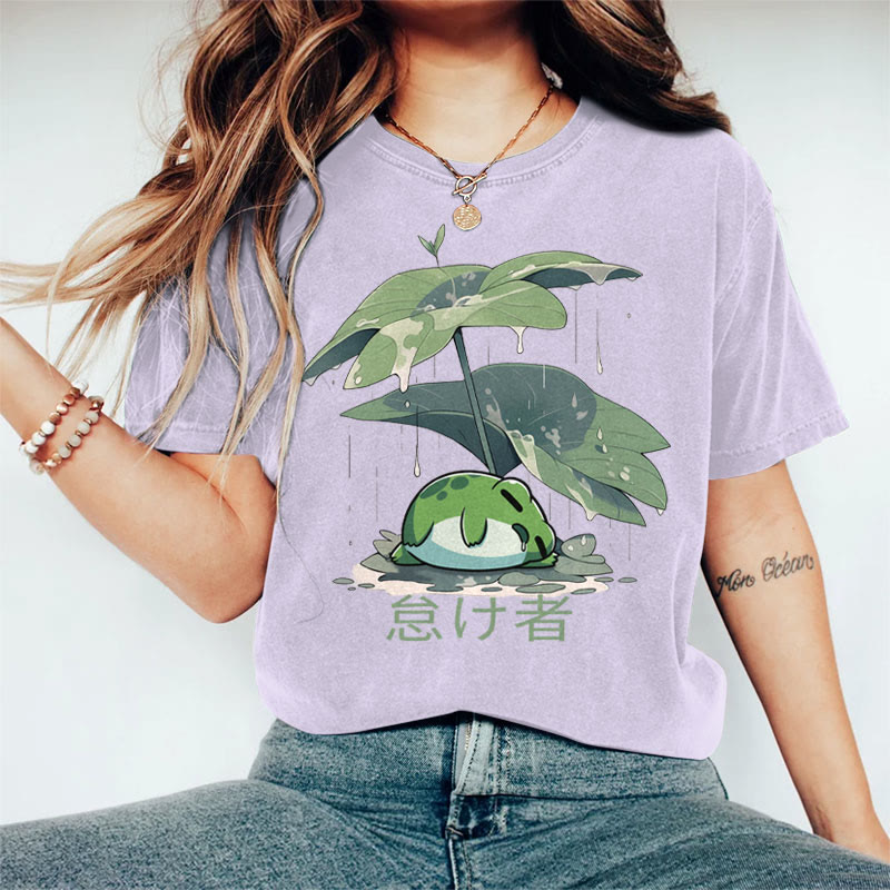100% Cotton Women's Frog Hiding Rain From Lotus Leaf Umbrella  Art Print Casual T-shirt - Purple - 2XL - image 2