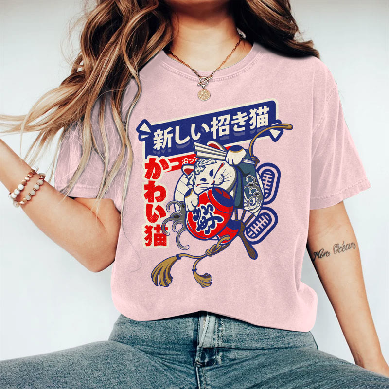 100% Cotton Women's Japanese Lucky Cat Art Print Casual T-shirt - Pink - 2XL - image 1
