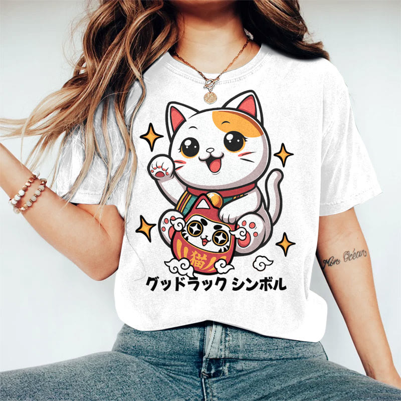100% Cotton Women's Japanese Cute Lucky Cat Art Print Casual T-shirt - White - 2XL - image 1