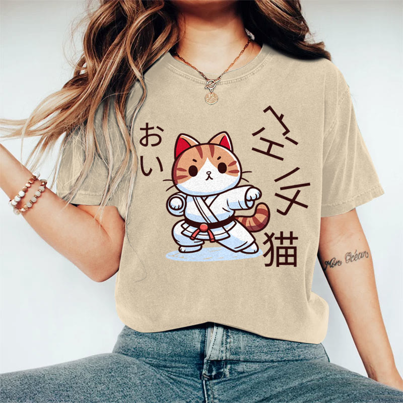 100% Cotton Women's Japanese Taekwondo Cat Art Print Casual T-shirt - Khaki - 2XL - image 1