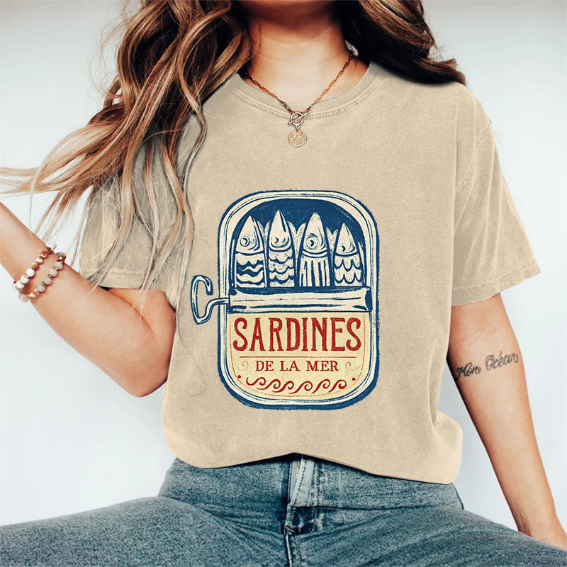 100% Cotton Women's Japanese Canned Sardines Art Print Casual T-shirt - Khaki - 2XL - image 1