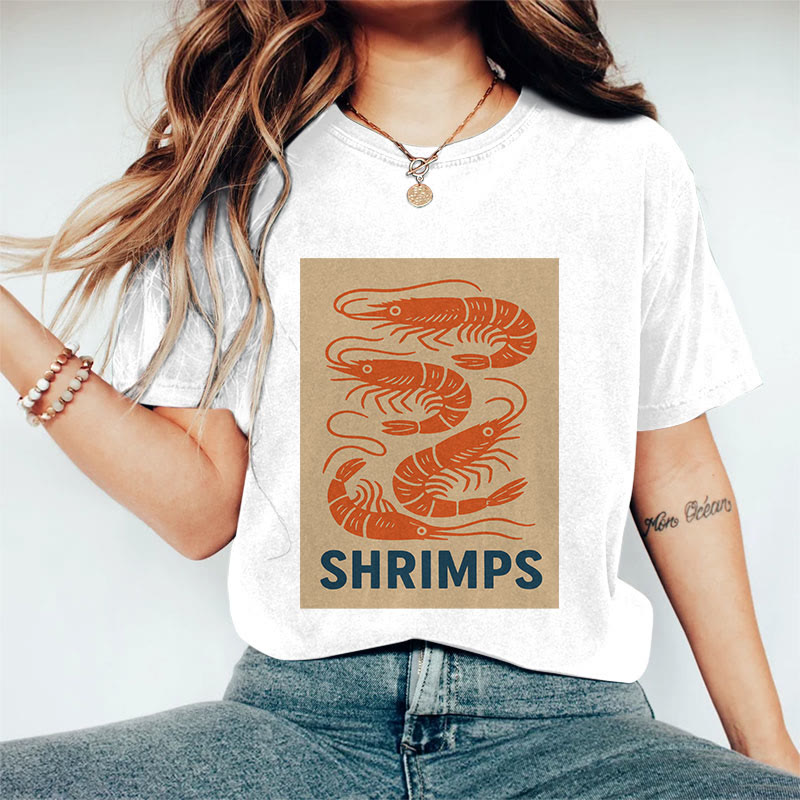 100% Cotton Women's  Japanese Shrimps  Art Print Casual T-shirt - White - 2XL - image 3
