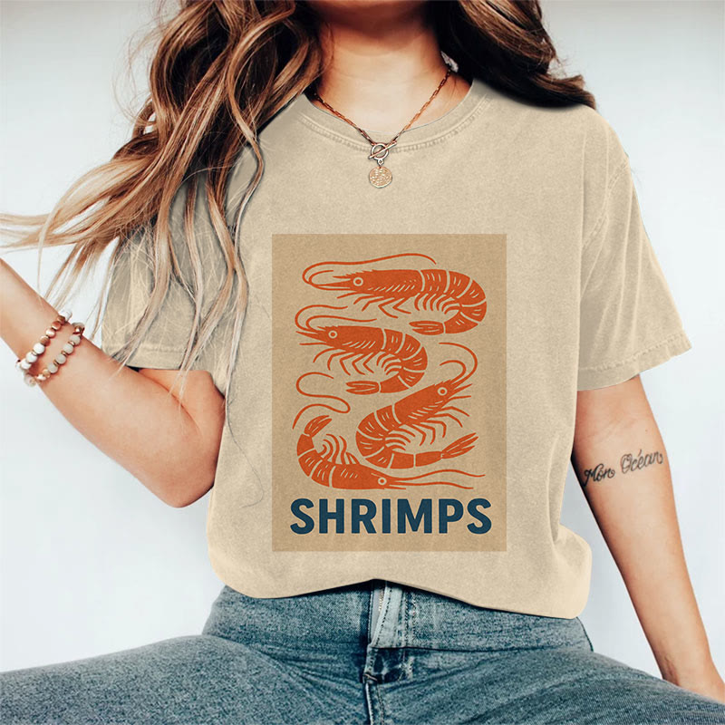 100% Cotton Women's  Japanese Shrimps  Art Print Casual T-shirt - Khaki - 2XL - image 1