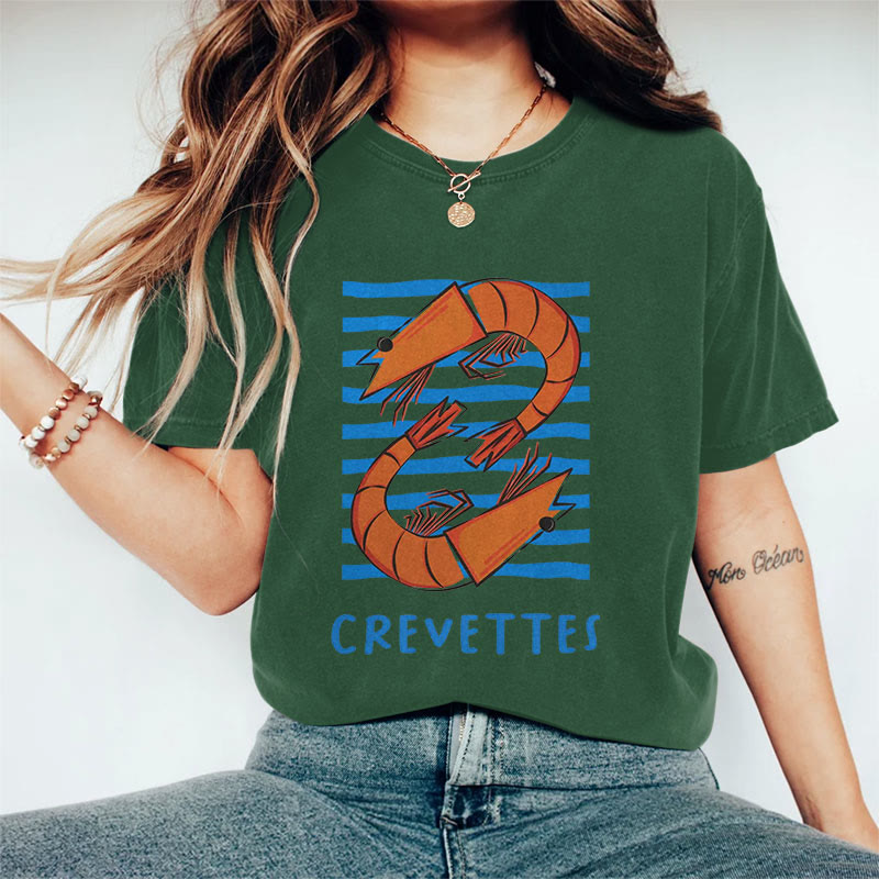 100% Cotton Women's  Japanese Crevettes  Art Print Casual T-shirt - Dark Green - 2XL - image 5