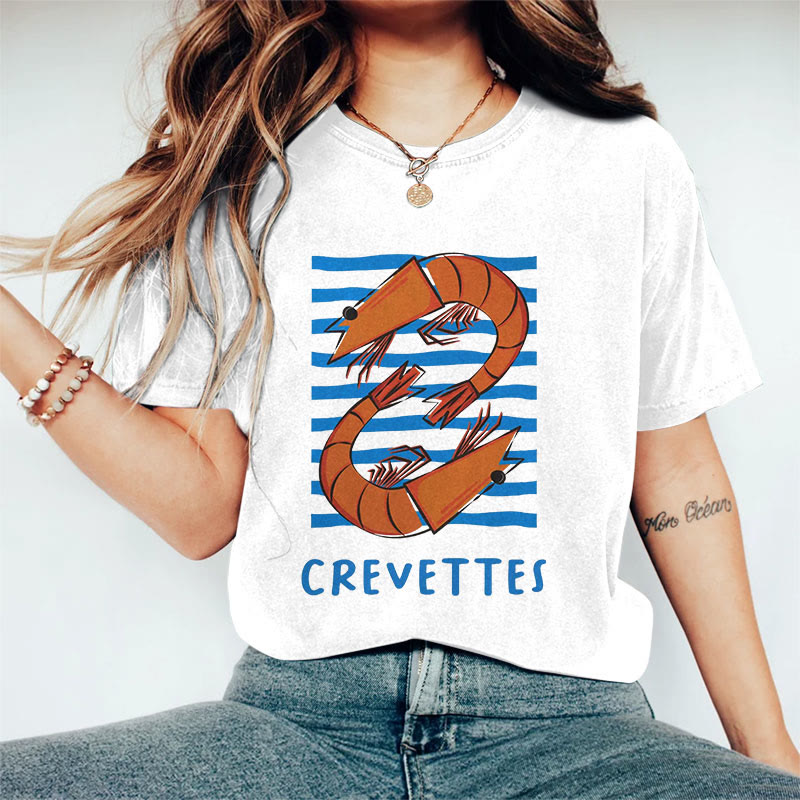 100% Cotton Women's  Japanese Crevettes  Art Print Casual T-shirt - White - 2XL - image 1