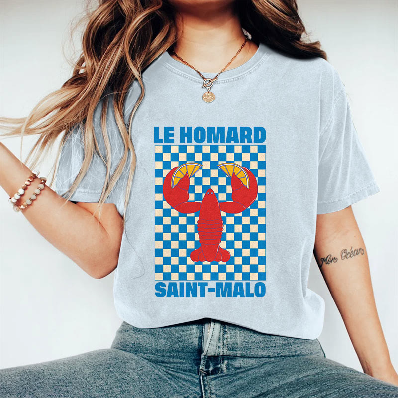 100% Cotton Women's Japanese Checkerboard Lobster Holding Lemon Art Print Casual T-shirt - Blue - 2XL - image 1