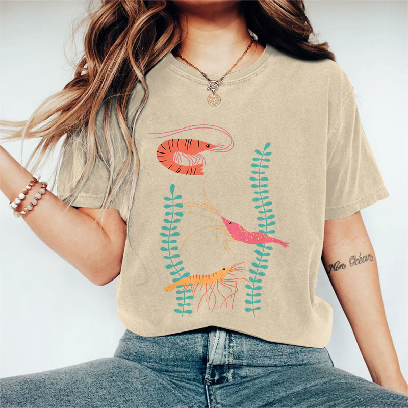 100% Cotton Women's Japanese Creative Colored Shrimps Art Print Casual T-shirt - Khaki - 2XL - image 1