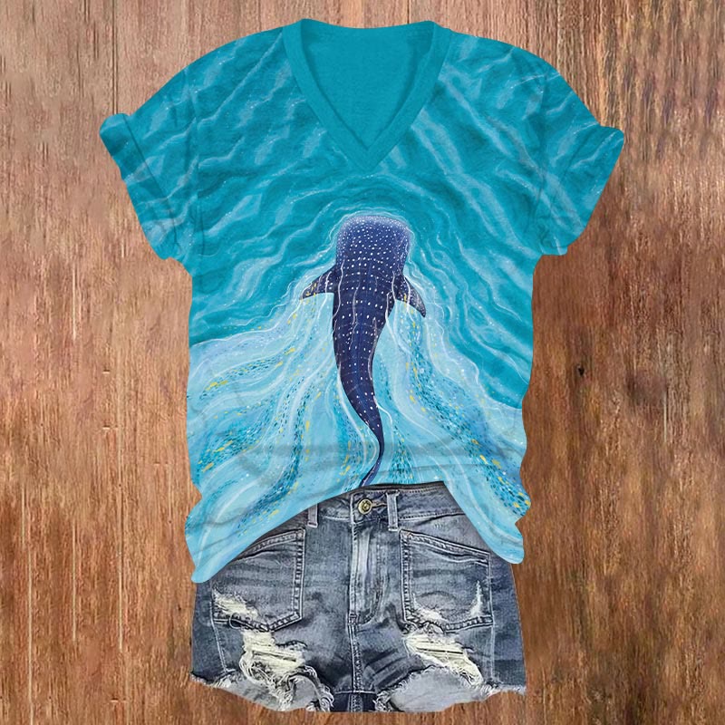 Whale Shark In The Sea Print V-neck T-shirt - Blue - US32-34(5XL) - image 1