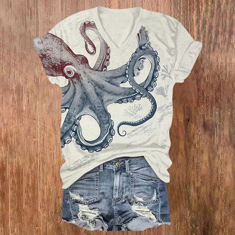 Vintage Japanese Octopus Art Print V-neck T-shirt - Beige - US32-34(5XL) - image 1