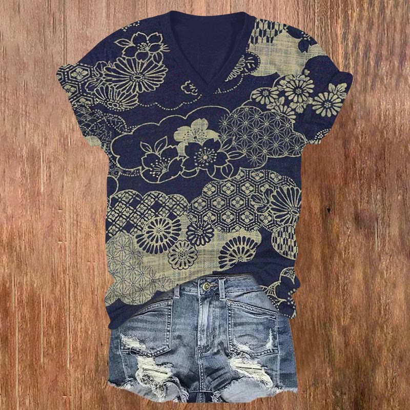 Japanese Art Print Casual V-neck T-shirt - Navy Blue - US32-34(5XL) - image 1