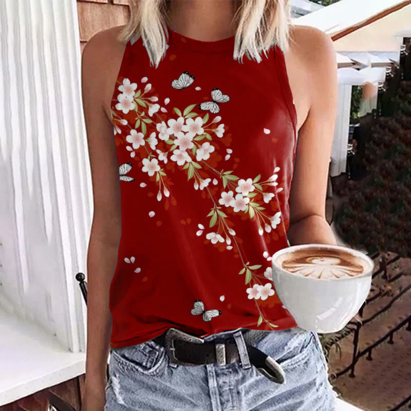 Vintage Japanese Floral Butterfly Art Print Crew Neck Tank Top - Red - 5XL - image 1