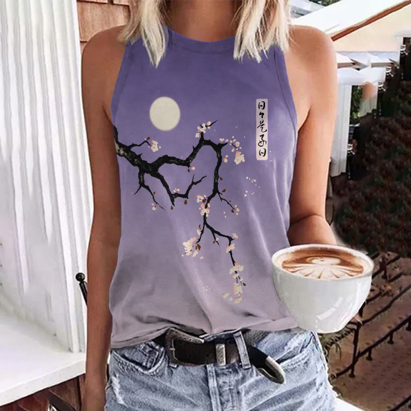 Japanese Plum Blossom Art Print Crew Neck Tank Top - Purple - 5XL - image 1
