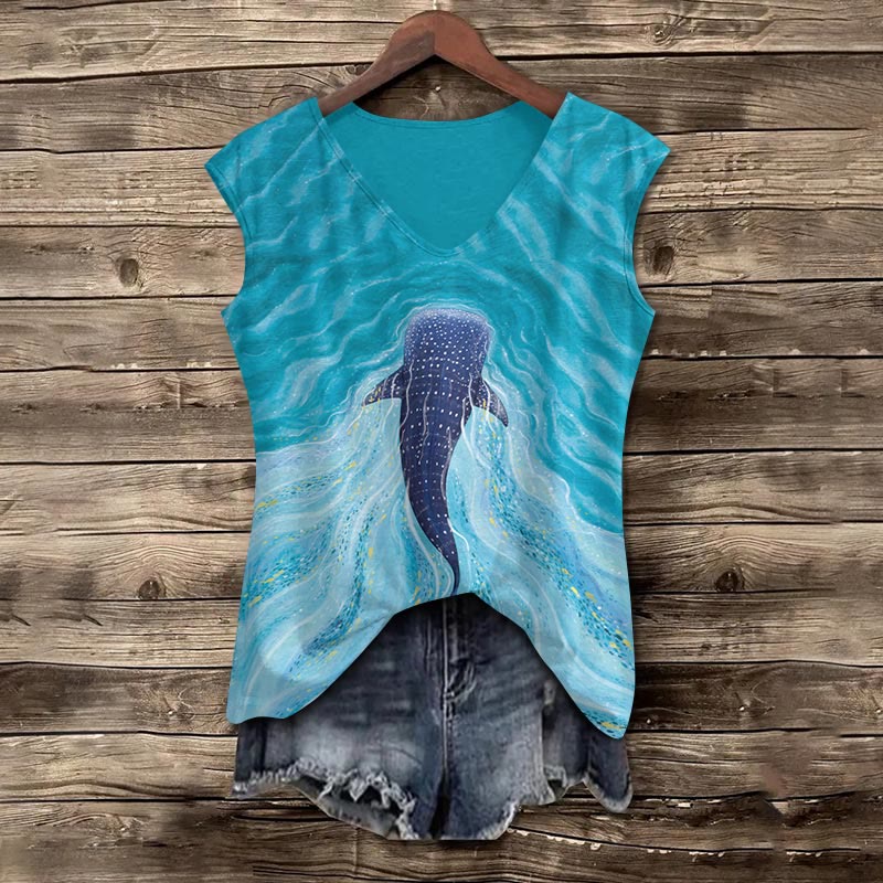 Whale Shark In The Sea Print V-neck Tank Top - Blue - 5XL - image 1