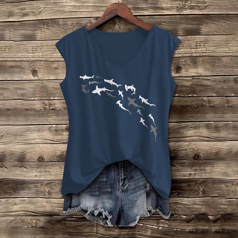 Shark Print V-neck Tank Top - Blue - 5XL - image 1