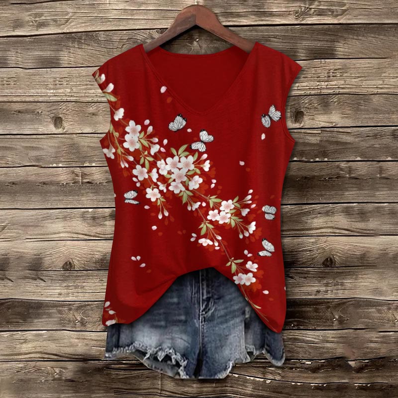 Vintage Japanese Floral Butterfly Art Print V-neck Tank Top - Red - 5XL - image 1