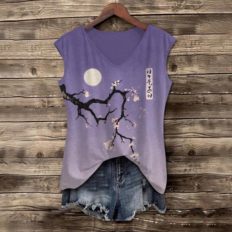 Japanese Plum Blossom Art Print V-neck Tank Top - Purple - 5XL - image 1