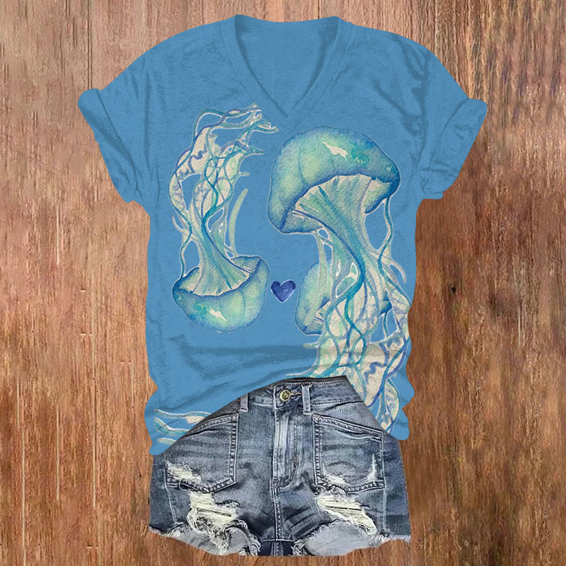 Oil Painting Blue Octopus Art Print V-neck T-shirt - Blue - US32-34(5XL) - image 1